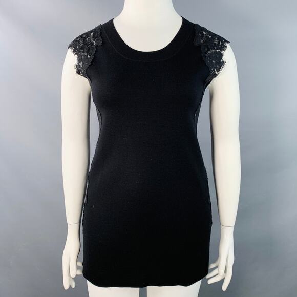 CHLOE Size L Black Wool Lace Trim Sleeveless Crew Neck Casual Top - Picture 1 of 7